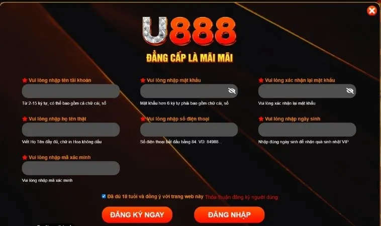 Đăng Ký U888 Nhanh Chóng Nhận Ngay Thưởng Hấp Dẫn 2 Giao diện đăng ký U888