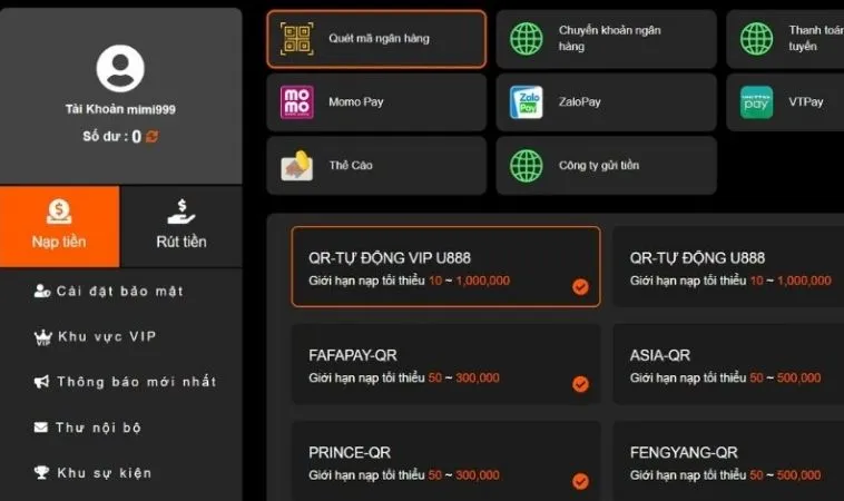Hướng Dẫn Nạp Tiền U888 Nhanh Chóng, An Toàn Nhất 2025 2 Giao diện nạp tiền U888